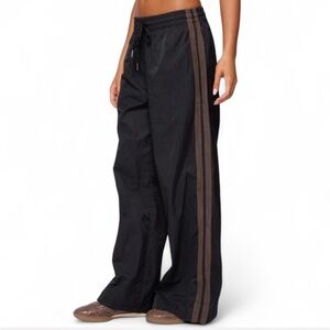 Black Nylon Track Pants w Brown Stripes